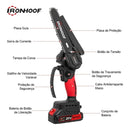 IRONHOOF Mini Motosserra Elétrica 6” Sem Fio 21V com 2 Baterias – Brushless para Poda, Jardinagem e Corte de Madeira