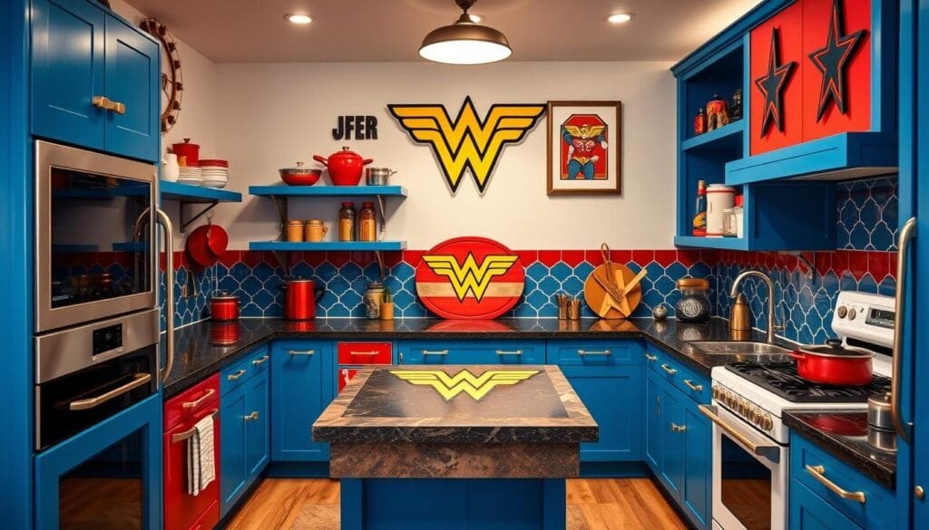 Decoração da cozinha com tema da Mulher Maravilha