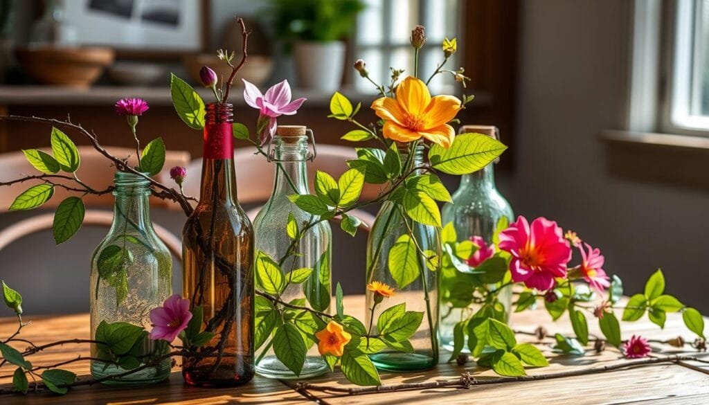 garrafas decoradas com elementos naturais